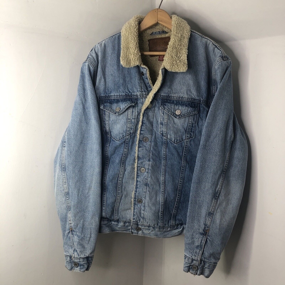 Lucky Brand Mens SZ L Lakewood Blue Denim Sherpa Trucker Jacket Snap Buttons